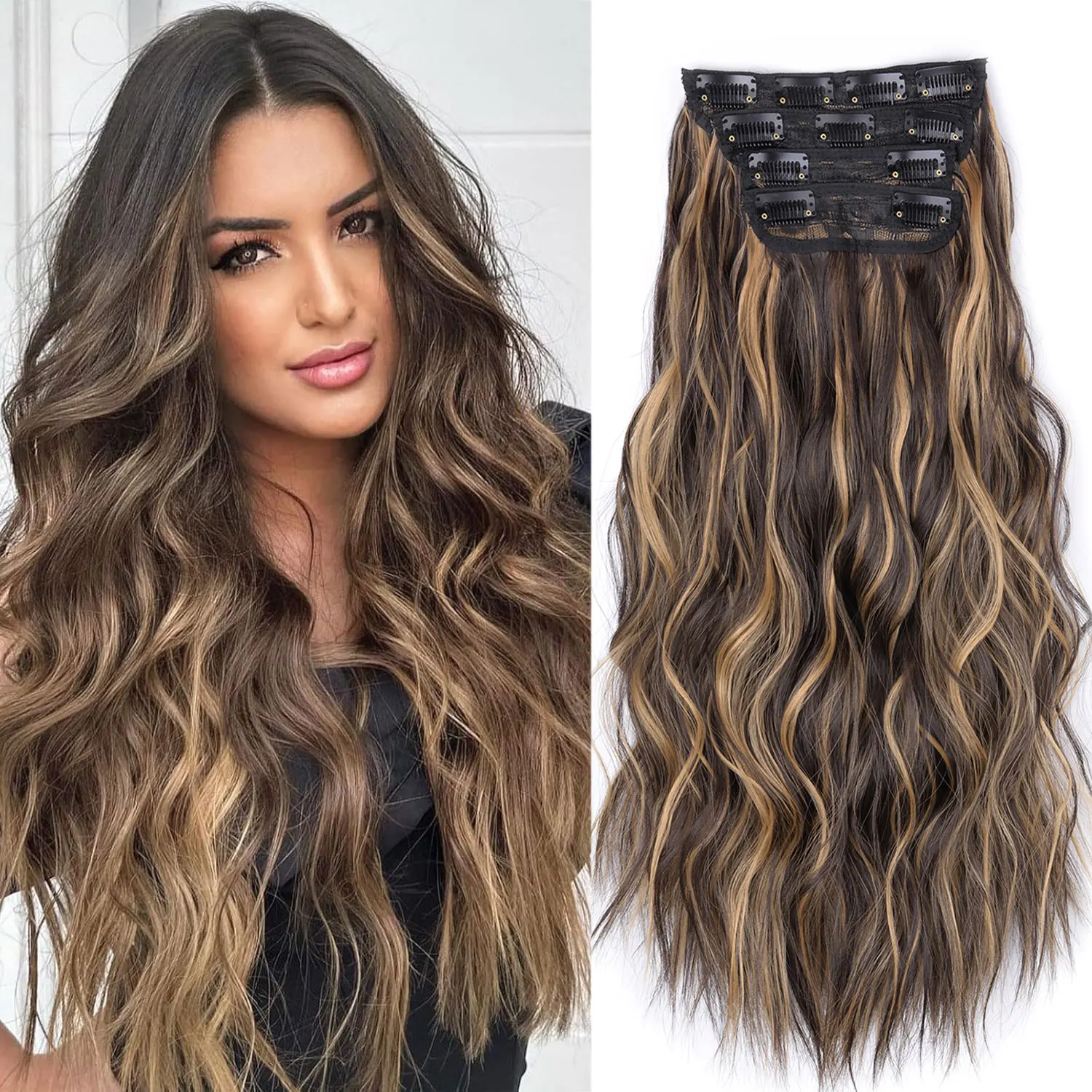 

Pcs/Set 11Clips in Hair Extensions 20Inch Long Wavy Hairstyle Synthetic Blonde Black Hairpieces Heat Resistant False Hair