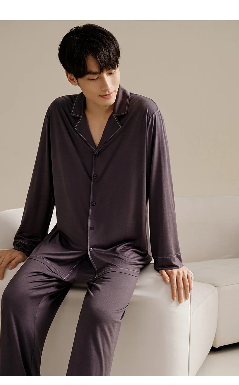 BirdTree 100%Mulberry Silk Pajamas Set For Men, Long Sleeve Top Pants, Fashion Casual Knit Homewear, 2024 Summer Autumn S48253QC