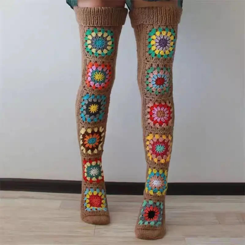 

2026 New Womens Autumn Winter Thigh Socks Extra Long Ethnic Crochet Knit Stockings Over Knee Socks Hot Sale