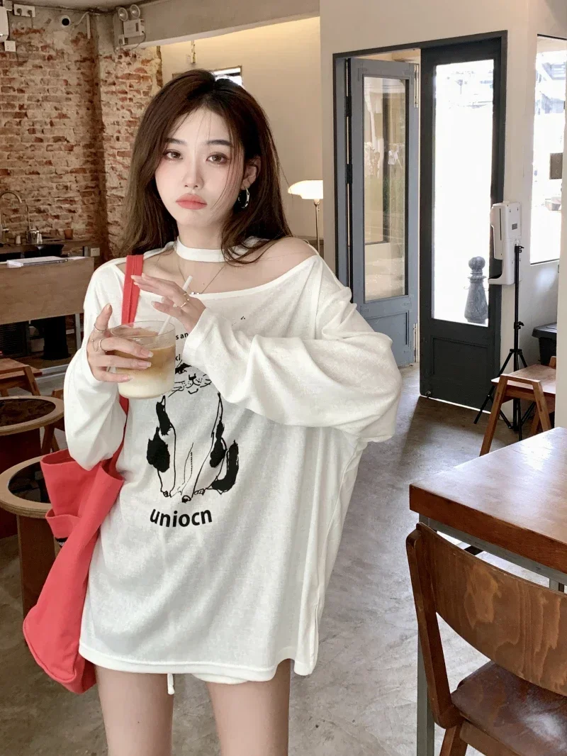 Shirts for Women Vintage Tshirts Slash Neck Long Sleeve Oversized Tops Ropa Mujer Off Shoulder Casual Fashion White Y2k T Shirt