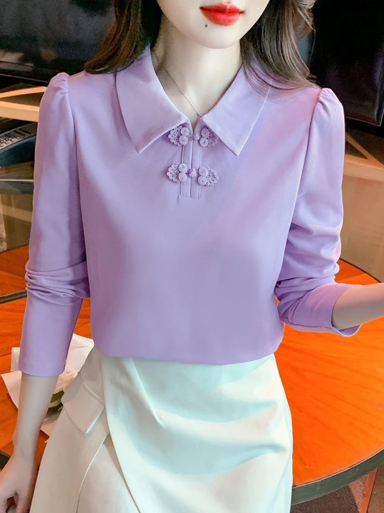 2026 delle nuove donne di stile cinese colletto polo T-shirt rana bottone foderato in pile manica lunga caldo top termico per l'autunno inverno