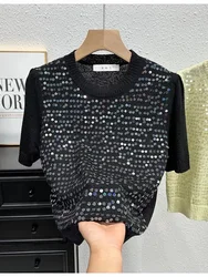 High Streetwear Blingbling Sequined Short Cropped Sweaters For Women Summer Knitwear Pullovers Tops Korean Popular Clothes