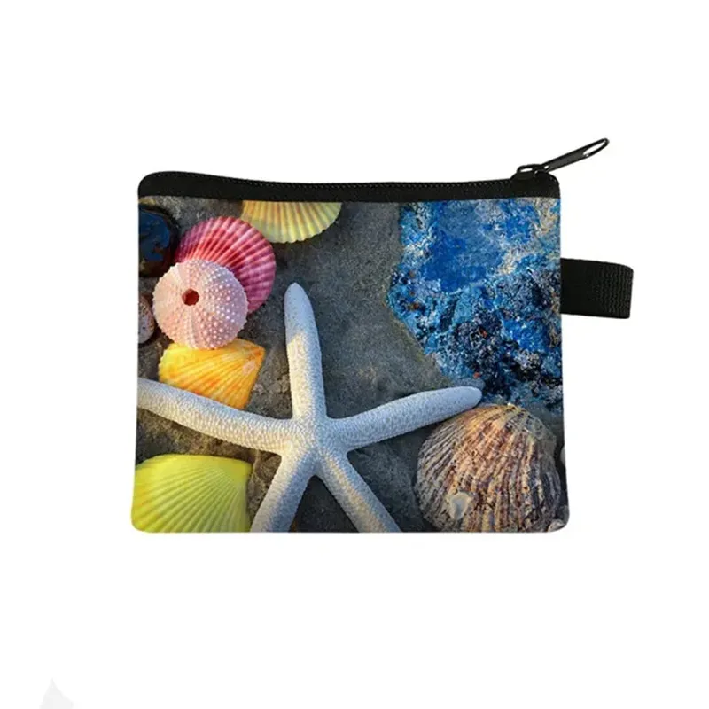 Ladies Leisure Shopping Coin Bag Starfish Conch 3D Printing Wallet ID Credit Card Bag Girl Coin Case Bag Ocean Beach Coin Purse