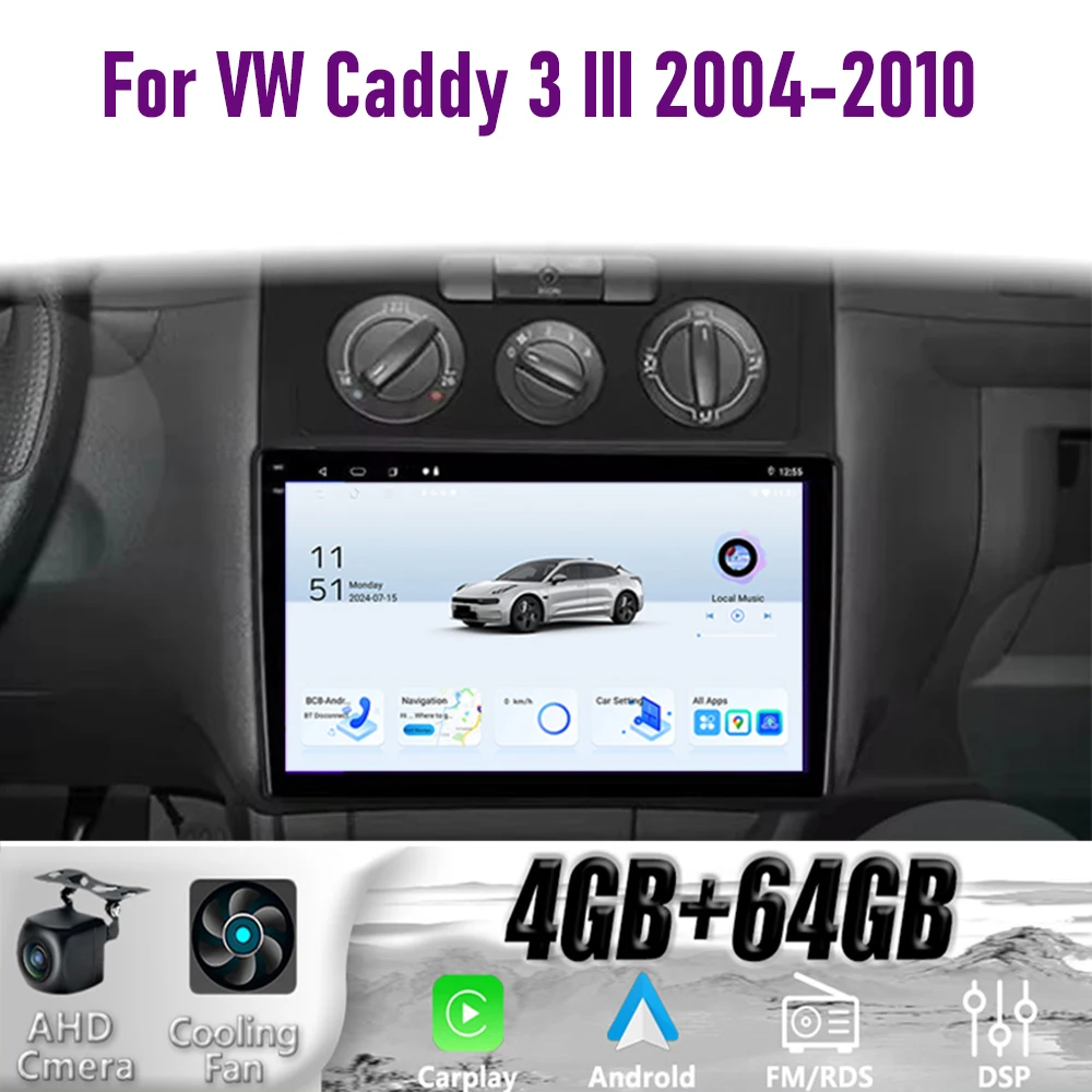 

GPS 9"For VW Caddy 3 llI 2004-2010 Wireless CarPlay Android 15 Car Radio WIFI Multimedia Player Head Unit Google Map Camera 64GB