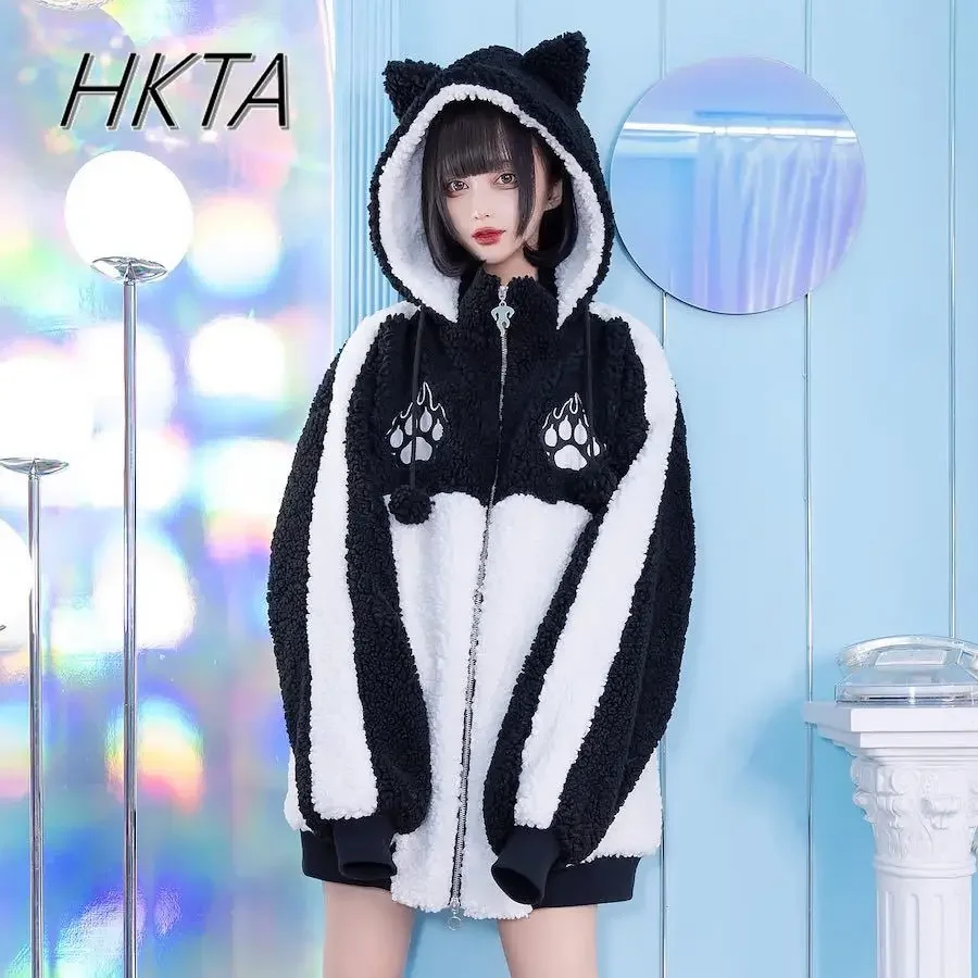 

Cat Claw Embroidered Hooded Lambswool Warm Cotton-padded Coat Color Matching Mid-length Winter Clothes Women's Thick Warm Jacket