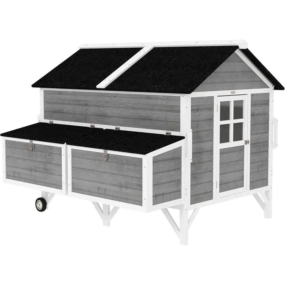 

Серый деревянный курятник на колесах с 2 гнездовыми ящиками, 4 переполохами и 2 поддонами для 5-8 кур