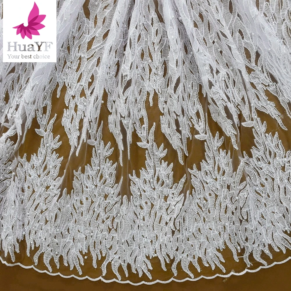 1 Yard Hot Selling Snow White Tulle Lace With Beads And Pearls Fabrics For Wedding Dress HY1463