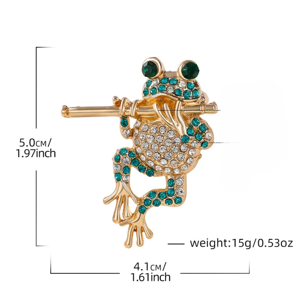 Frog Flute Brooch Golden Base Green Diamond Brooch Coat Collar Decoration Bag Clip Accessories