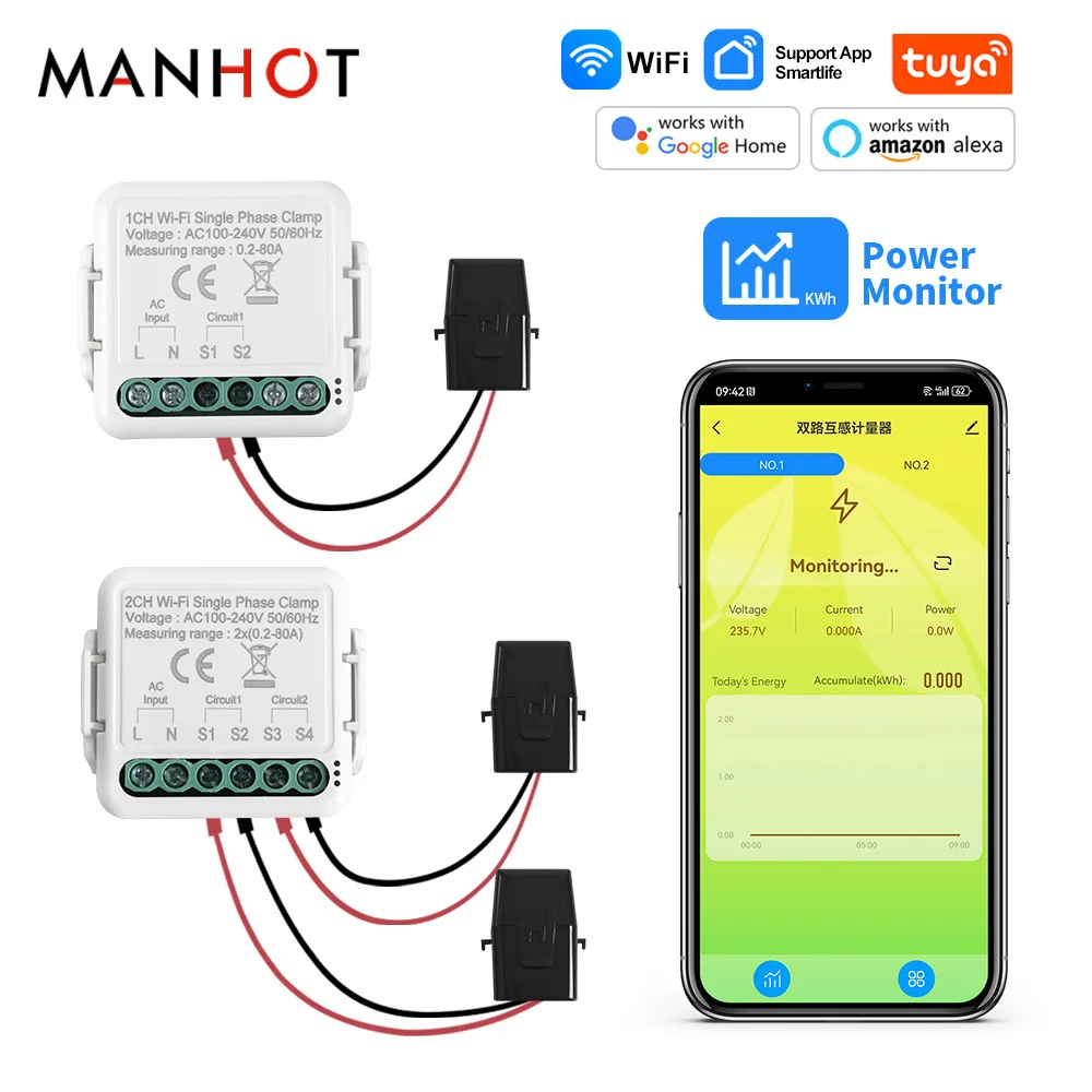 Smart Tuya Wifi Energy Meter Solar PV System Power Production Consumption Bidirectional Monitoring Meter 80A  AC100-240V 50/60HZ