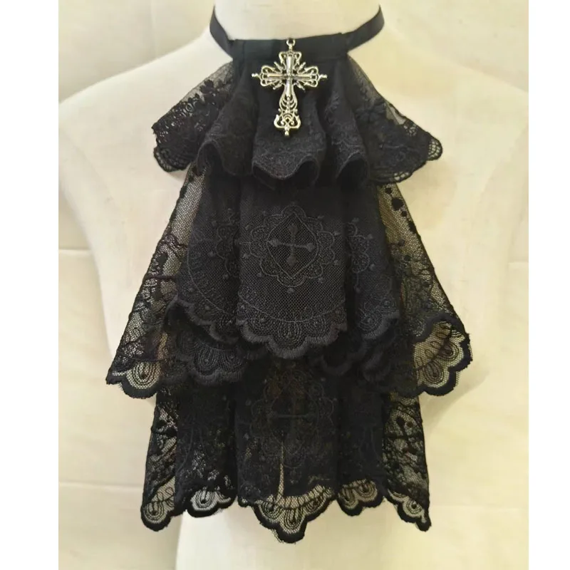 Ręcznie Robiony Elegancki Kołnierzyk Jabot z Koronkowym Krzyżem, Akcesoria Lolita, Gotycki Cosplay, Sztuczny Kołnierzyk, Warstwowy Kołnierzyk z Falbankami, Odpinany Kołnierzyk do Wiązania