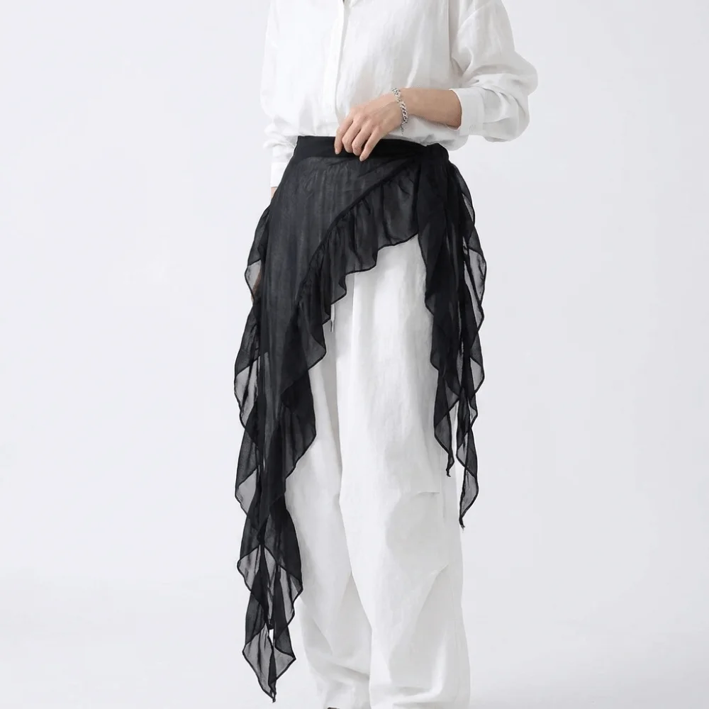 

Harajuku Solid Color Butt Curtain Skirt High Waist Y2K Ruffles Trim Butt Curtain Irregular Hem Ruched Mini Apron Layering