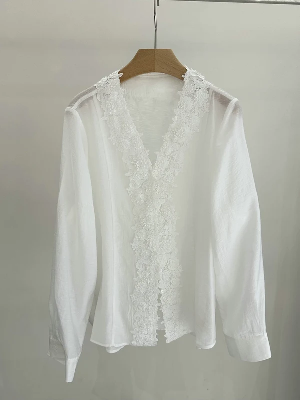 

Spring Fashion Linen Shirt Women's V-neck Half Open Front Pure Color Casual Style Long Sleeve Skin-friendly Breathable