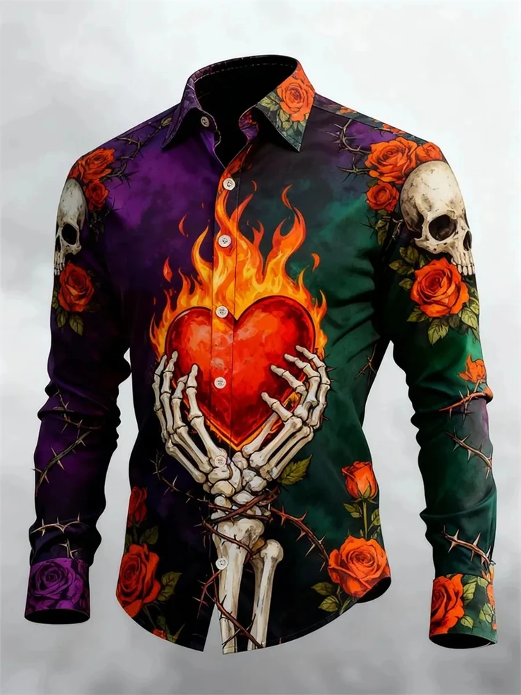 Men's New Autumn 2026 Halloween Long-Sleeve Shirt Vintage Skull Flame and Heart Print Button-Down Collar Festive Party Top