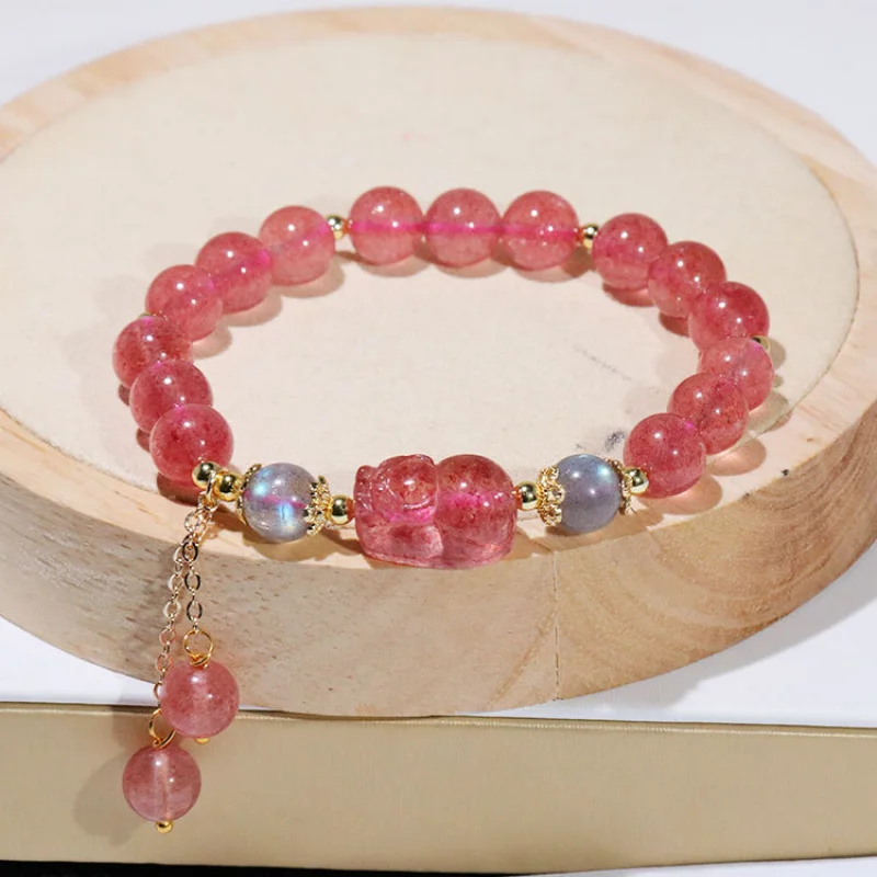 

Natural Pixiu Bracelet with Strawberry Quartz and Gray Moonstone Beads