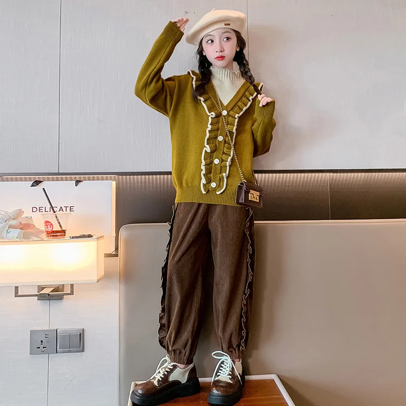 

2025 Korean Autumn Junior Girl 2PCS Set Teenager Girl Contrast Knitted Pullover+Lace Casual Trousers Pants Casual Kids Girls Set