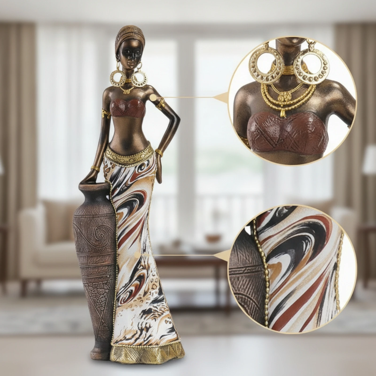 African Woman Figurine Cultural African Lady Figurine Sculpture with Drum Slender Tribal Lady Statue Artisanal