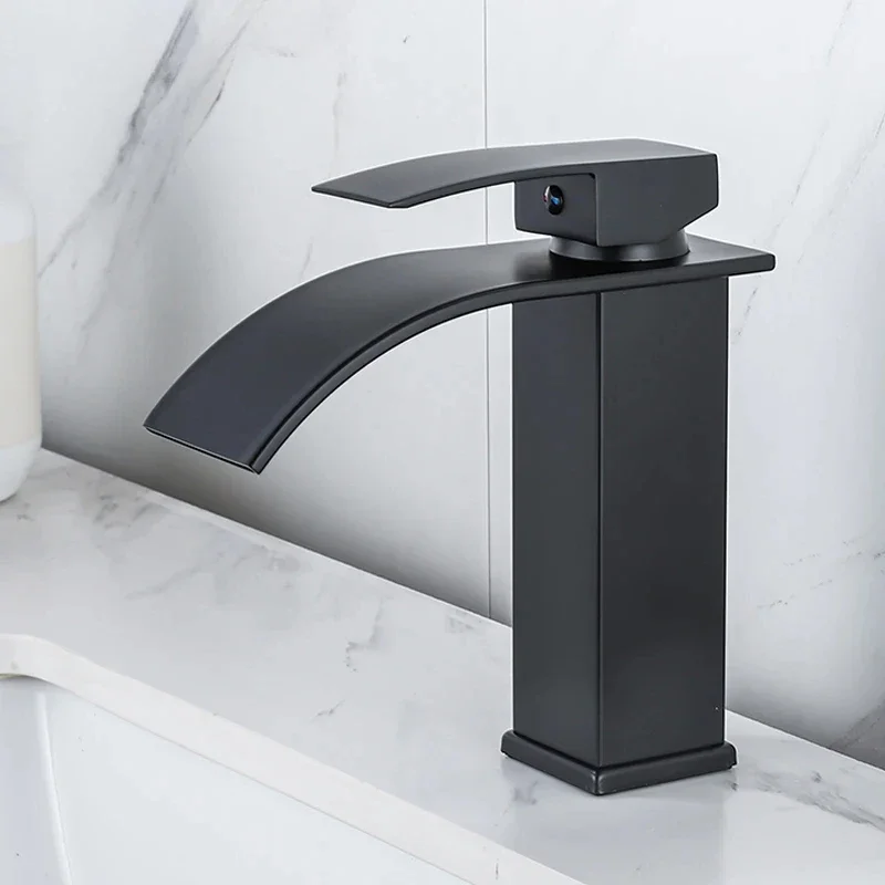 Matte Black Waterfall Basin Faucet Single Handle Hot Cold Mixer Modern Bathroom Tap for Wash Basin Stylish Bathroom Upgrade