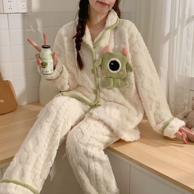 Disney big-eyed monster winter new pajamas women\'s coral fleece thickened warm cute cartoon star Dailu flannel loungewear