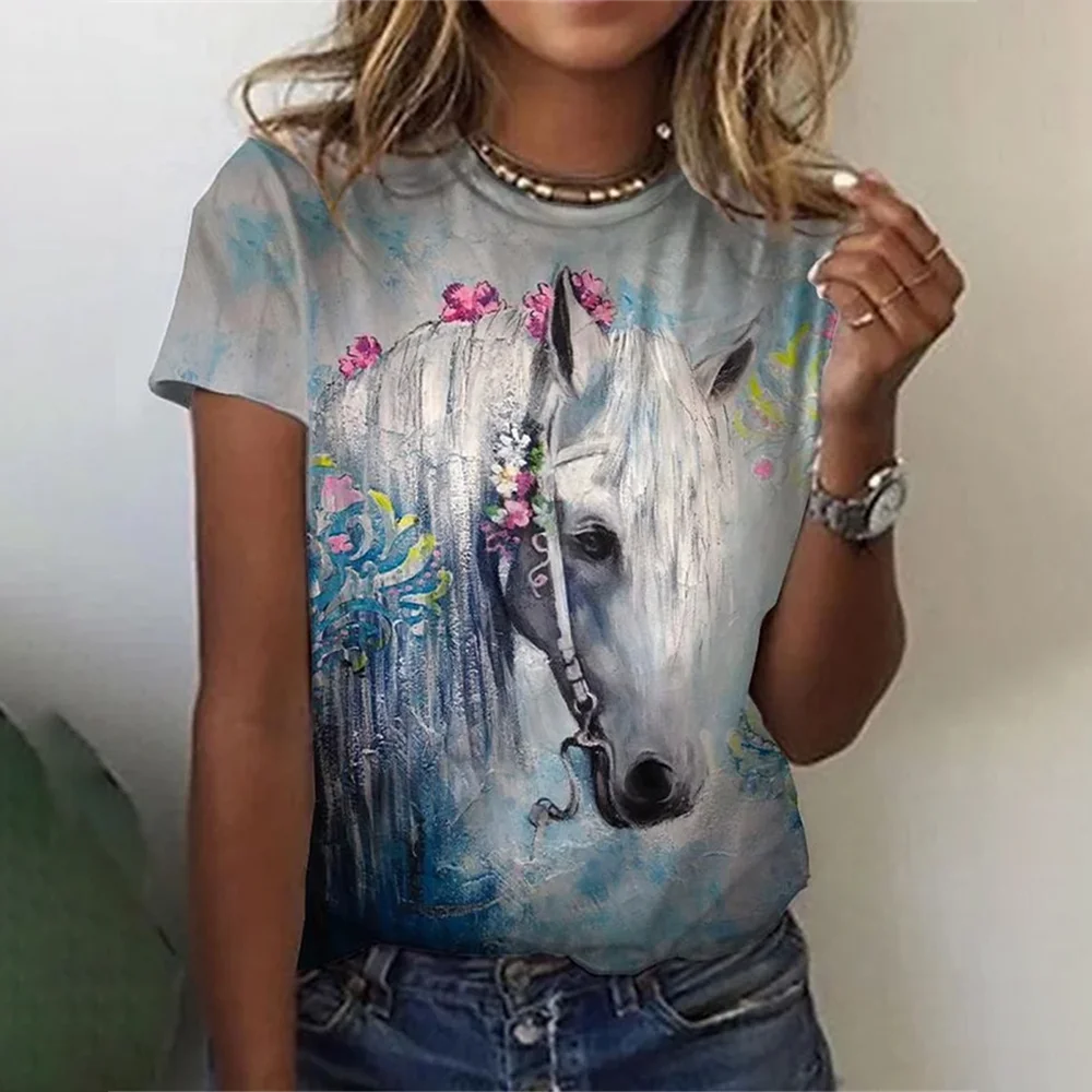 Fashion Women\'s T-Shirt Women\'s 3d Horse Print Kawaii T Shirt Female Casual Clothing Oversized Summer Vintage Aesthetics Tops