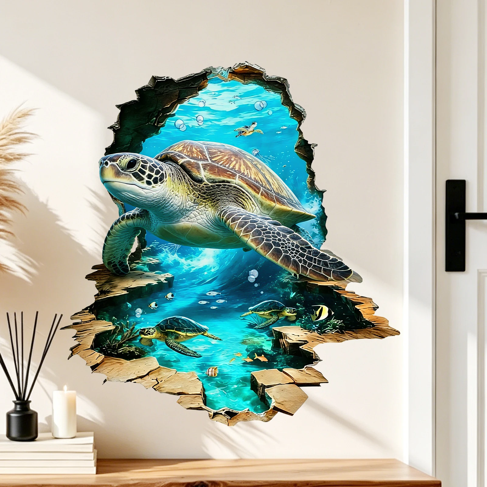 Sea Turtle Breakthrough Wall Decal, Underwater Ocean Scene Vinyl Sticker for Home Decor