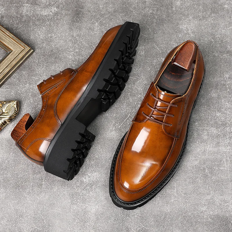 Genuine Full Leather Men's Formal Dress Shoes Bright Leather Thick Sole Height Increasing Wedding Gentleman Fashion Shoes