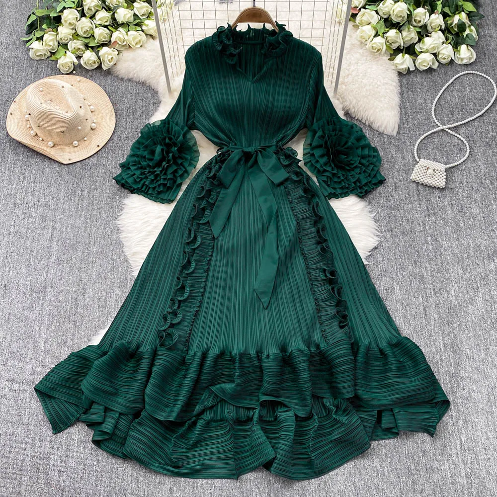 Miyake plissado cor sólida vestido feminino nicho luz vento maduro tridimensional flor cintura fina pingente vestido roupas