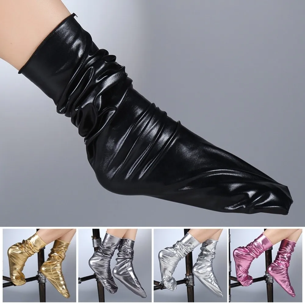 New Bright Color Reflective Socks Solid Color PVC Leather Metallic Color Socks Short Tube Shiny Leather Socks Girls