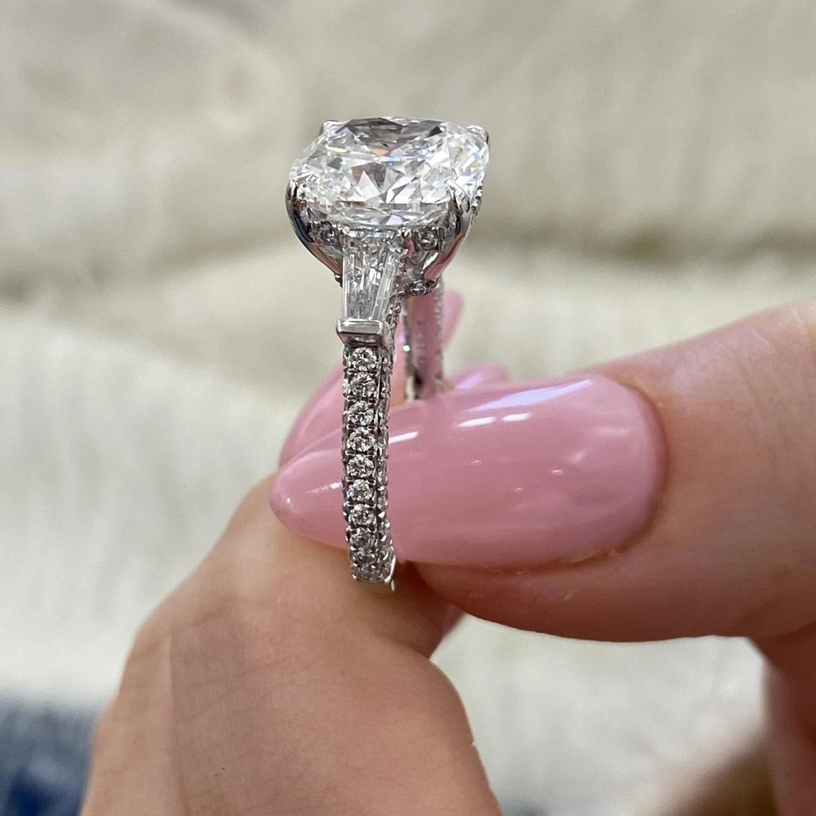 4CT Main Stone Cushion Cut CVD Lab Grown Diamond Ring Platinum 950 Pave Setting Diamond Ring DEF VS-VVS With IGI Certificate