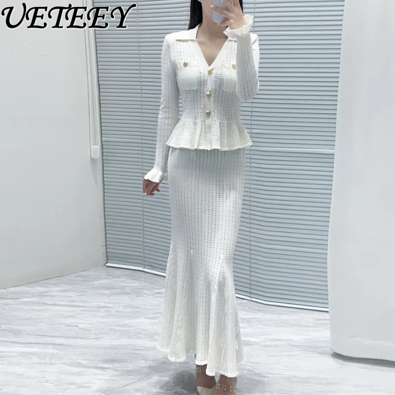 2025 ฤดูใบไม้ร่วงใหม่ภาษาฝรั่งเศสคําคนดังอารมณ์Elegant SlimmingแขนยาวVคอRuffle Edge Top + เอวสูงชุดกระโปรงยาว