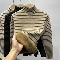 Western Style Thickened Plush Long Sleeved Inner Layer with 2023 New Autumn Winter Striped Warm Top for Women's Sweater