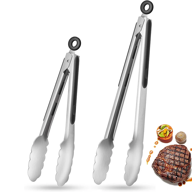 2 Pcs Stainless Steel Kitchen Tongs 9 12 inch Locking Cooking Tongs Non-Slip Metal Food Tongs BBQ Grilling Tongs Serving Clip