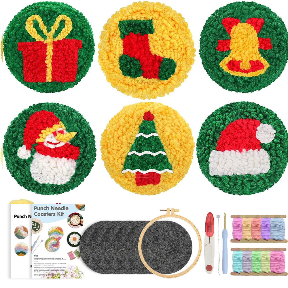 

Christmas Punch Needle Coaster Kit for Adults Beginners Drink Crafts DIY Craft Embroidery Tools Tufted Coasters