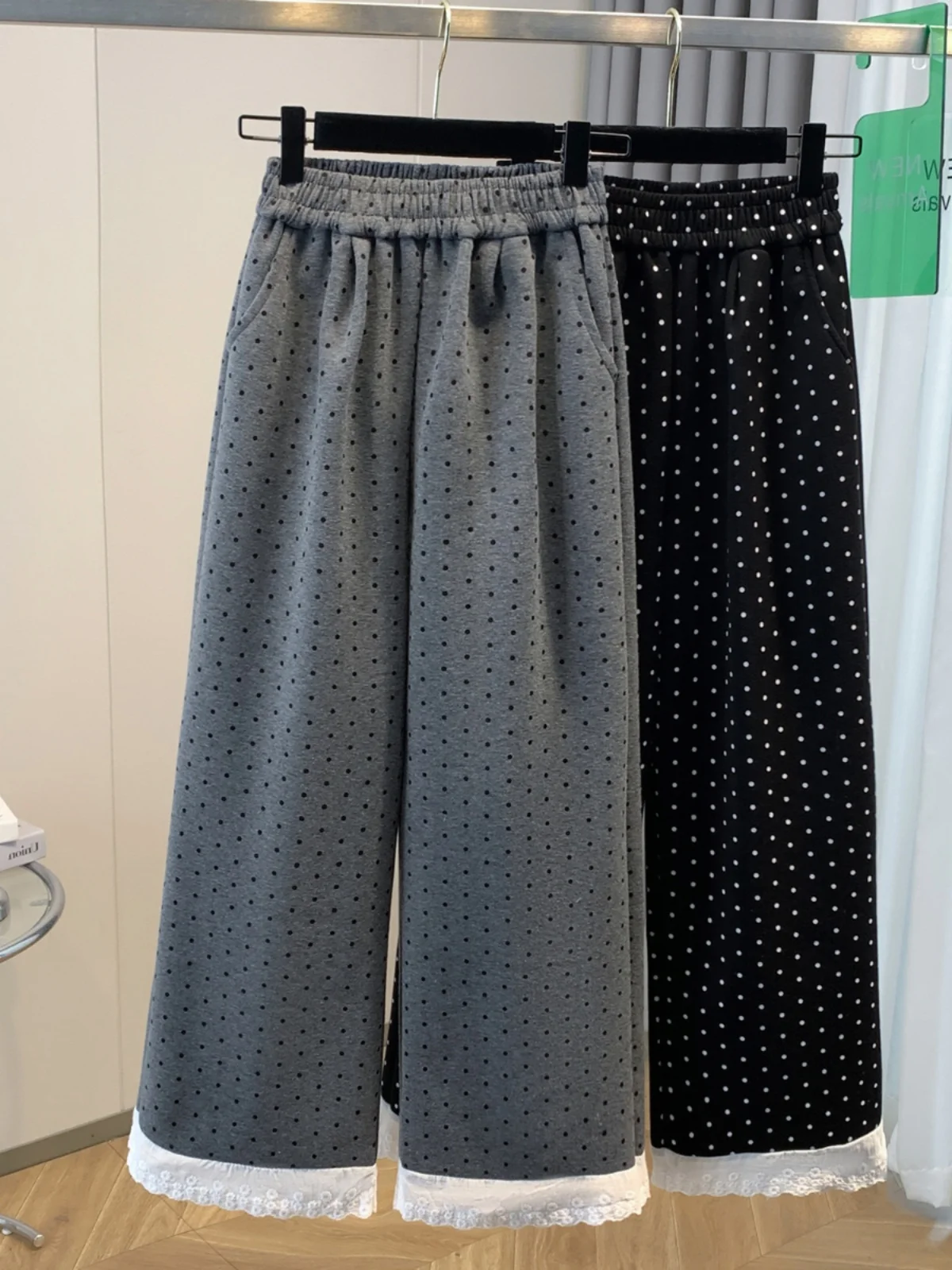 Retro Polka Dot Breite Bein Hosen Spitze Patchwork Elastische Taille Beiläufige Gerade Leggings Frühling Sommer plus Größe frauen Kleidung