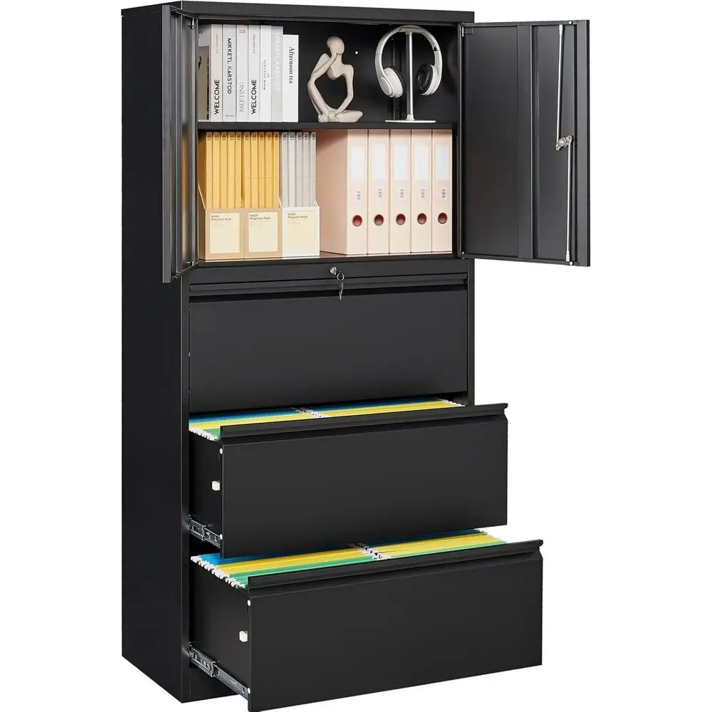 

Черный металлический боковой шкаф для документов с замком и полками для домашнего, офиса, гаража и школы.