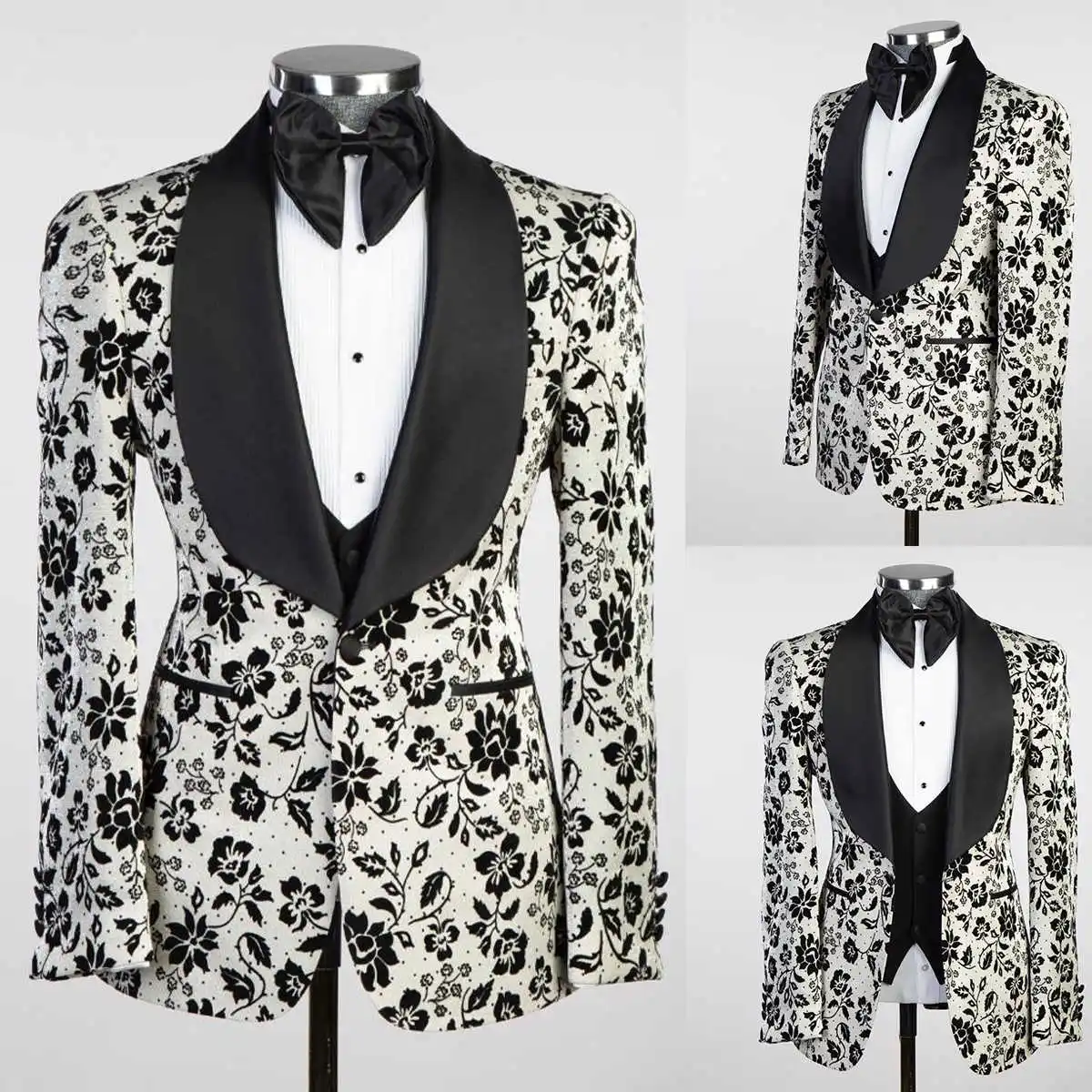 

3 Pieces Men's Suits Tailored Flower Pattern Blazer Shawl Lapel Vest Pants Pockets Party Formal Coat Customized Plus Size Fit