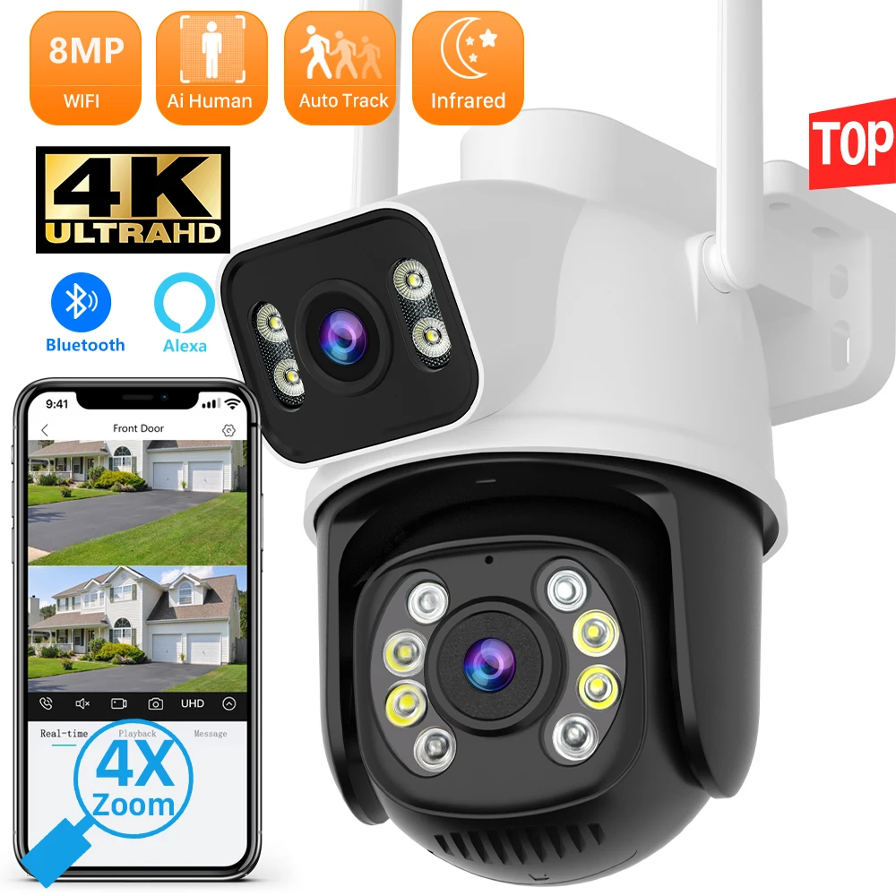 8MP 4K PTZ Wifi Ip Camera Dual Lens Dual Screen Ai Human Detect Auto Tracking Wireless Outdoor Surveillance Camera icsee App