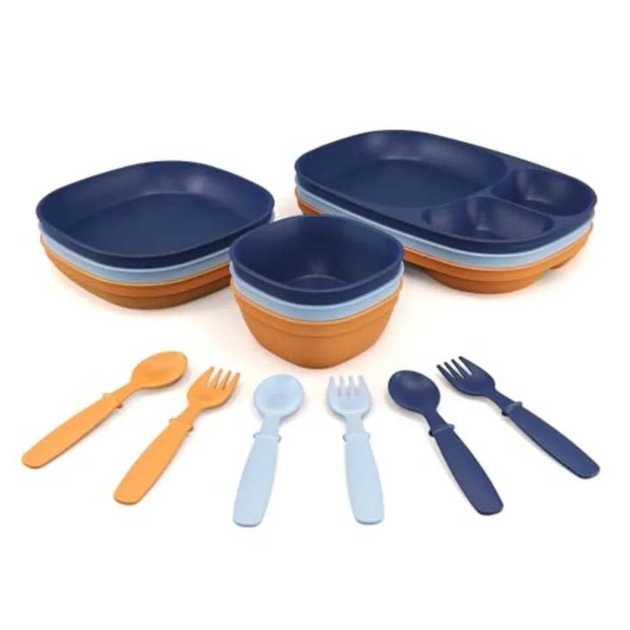 

Toddler Dinnerware Set 15pc Plates Bowls and Trays - Made in USA Microwave and Dishwasher Safe BPA Free Shatter Resistant Sunse
