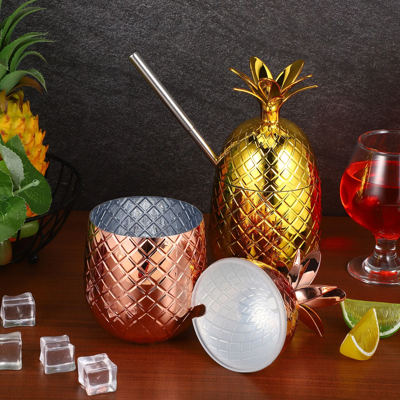 

2 set Stainless Fruit Party Beverage Cups Water Bar Drinking Straws Pineapple Cup Cup Reusable Barware