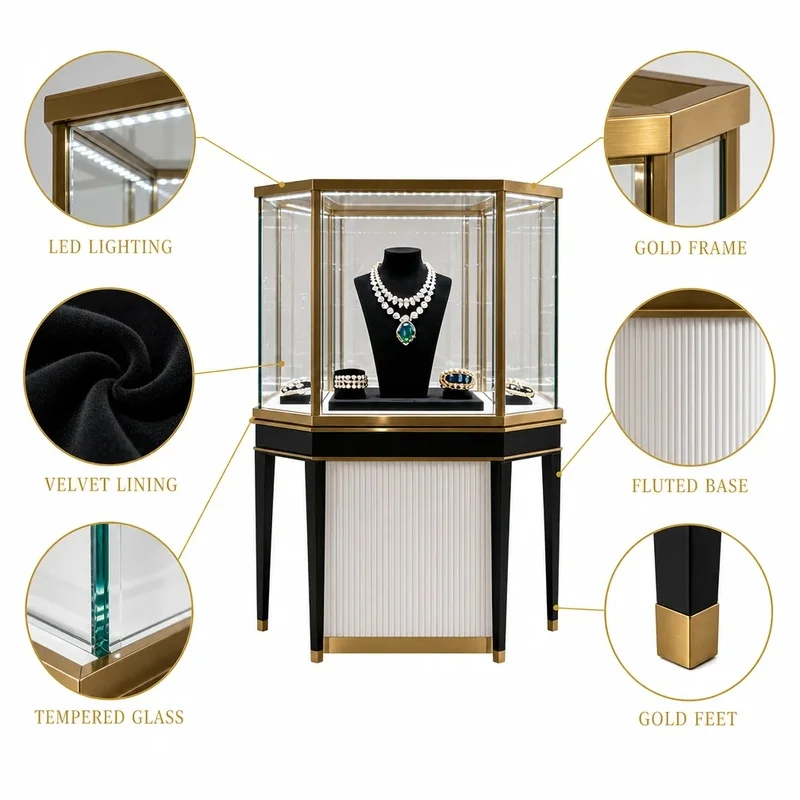 custom.Custom Size Metal Glass Solid Wood Jewelry Display Cabinet LED Lighting Eco-Friendly Durable