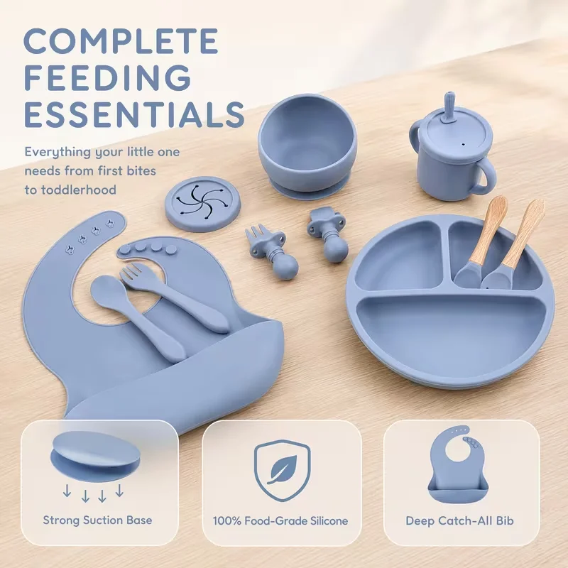 11 Piece Set Of Food Grade Silicone Baby Tableware With Suction Cups, Dividing Plates, Bibs, Straws, Cups, Complementary Food Bowls, Forks, Spoons, Baby Feeding Set