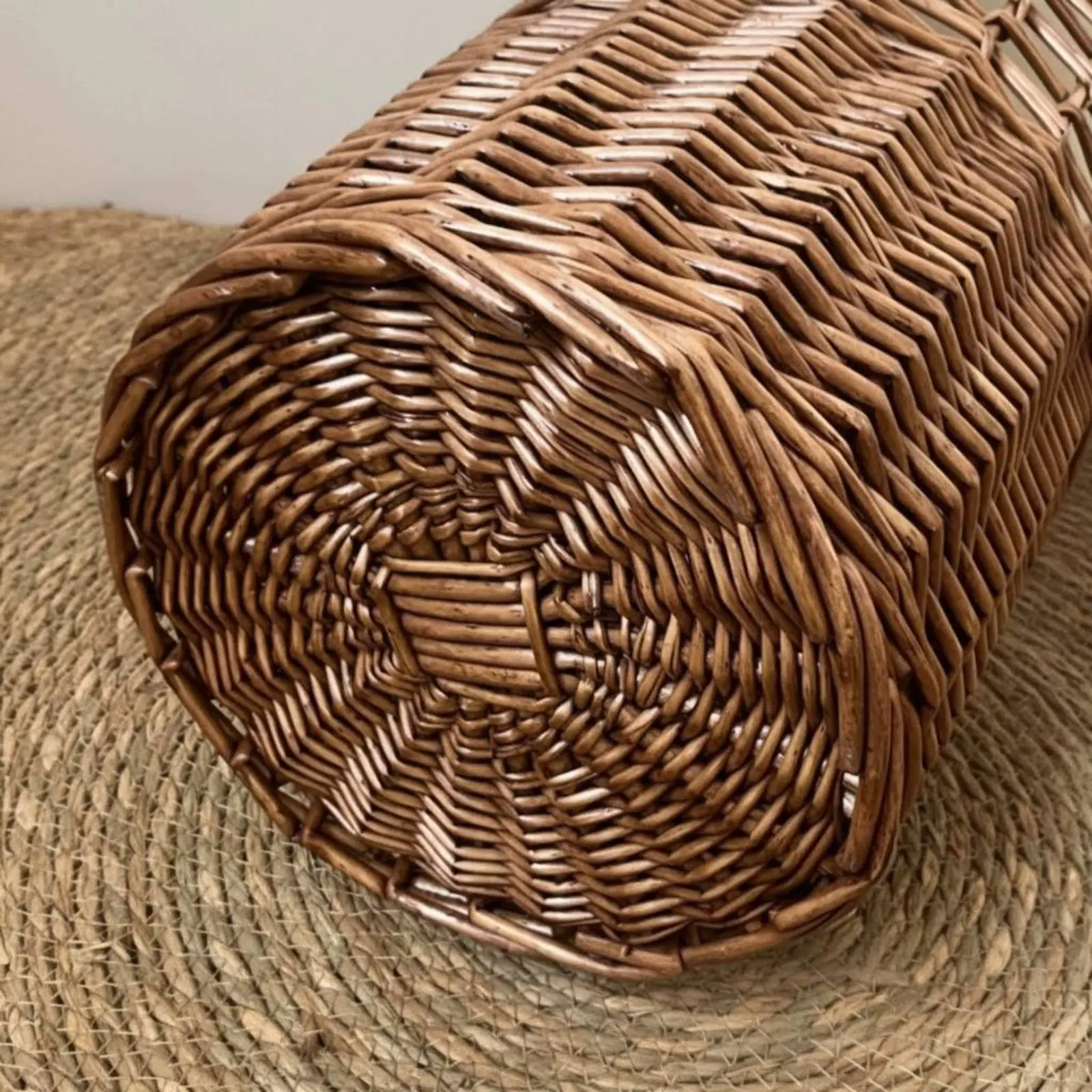 

Tall Wicker Basket Crosshatch Band Handwoven Basket Vintage Finish Tapered Shape