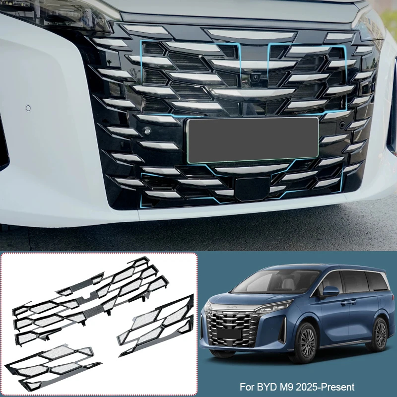 Car Modify Front Buckle Insect Proof Net For BYD M9 2025-Present Auto Front Bumper Center Intake Grille Cover Accessory
