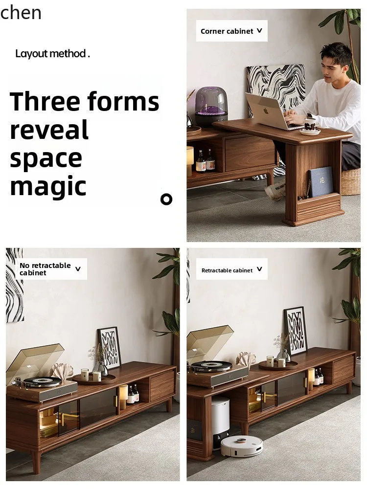 خزانة تلفزيون من الخشب الصلب HXL، خزانة أرضية بسيطة، طاولة قهوة، خزانة تخزين تلسكوبية لغرفة المعيشة #5