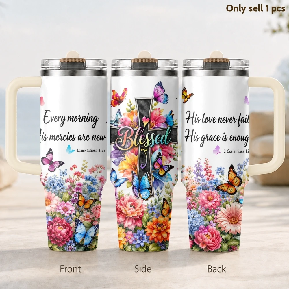 Christian Butterfly Floral Vacuum Flasks 40oz 3rd Gen Vacuum Insulated Stainless Steel Car Tumbler Cup with Handle Straw Lid