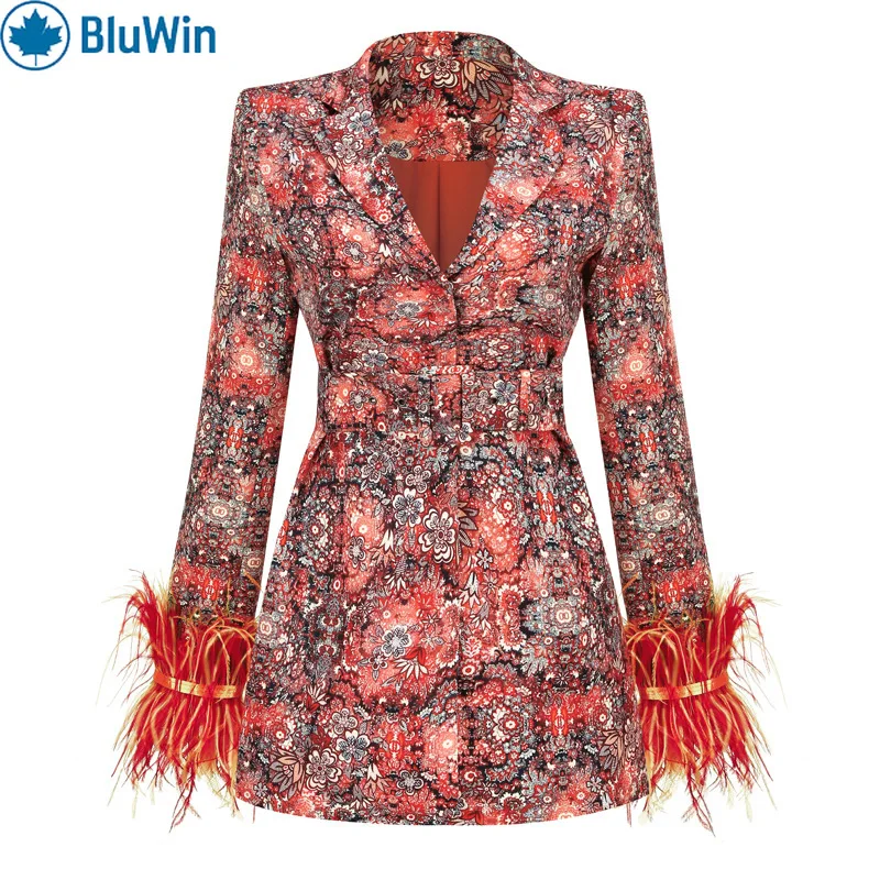 

BluWin Elegant V-Neck Floral Dress with Feather-Trim Cuffs & Matching Coat – Sophisticated Women’s Outfit