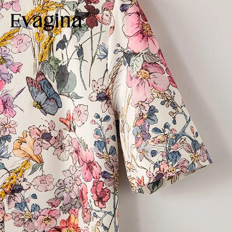 Evagina vestido feminino elegante com estampa floral primavera verão novo jacquard de manga curta com miçangas vestidos linha a