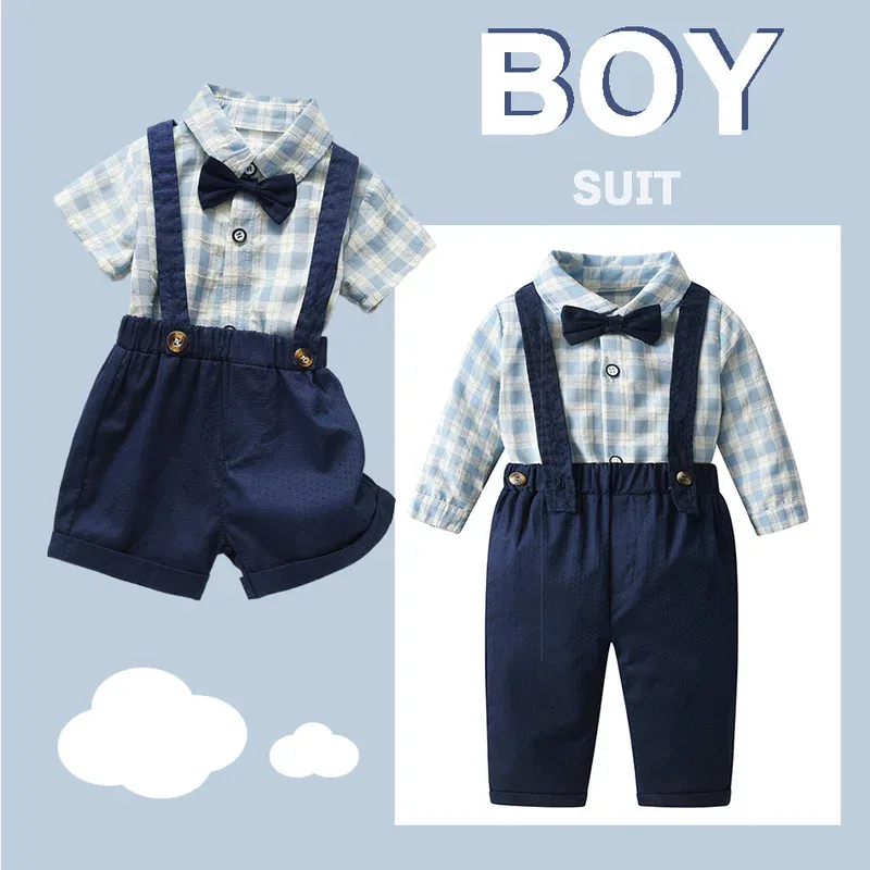 

Baby Boy Summer Pure Cotton Suit Gentleman Two-piece Clothes Summer Boy Gentleman Blue Striped Plaid Navy Blue Pants Suit