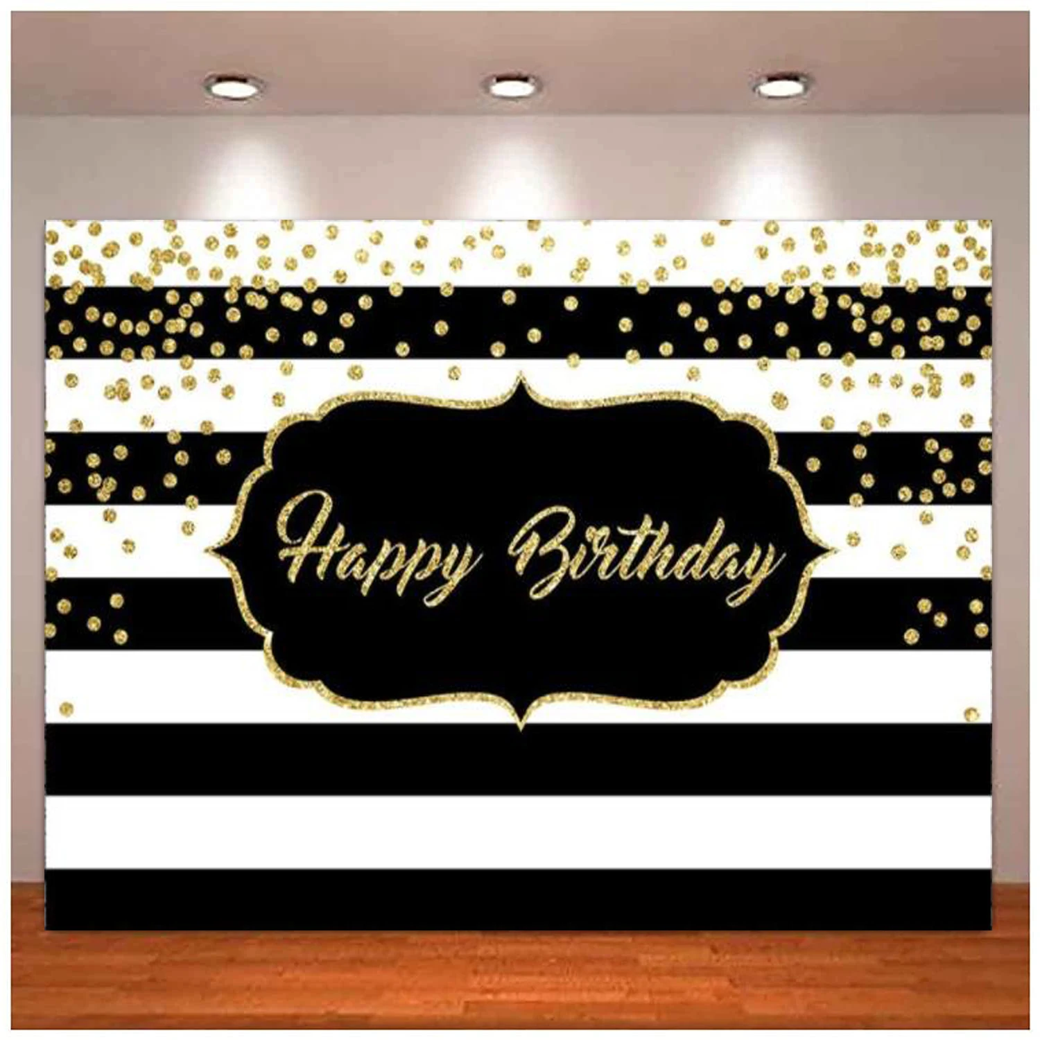 

Photography Backdrop Gold Glitter Dots Black And White Stripes Photo Background Men Happy Birthday Party Decoration Poster