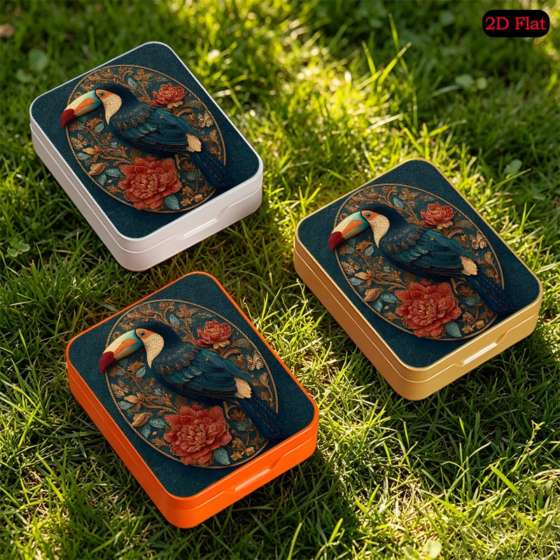 Oval Relief Toucan Floral Theme Mini Portable Flip Top Tin Box, UV Printed Personalized Photo Tinplate Box, Square Metal Tin Box