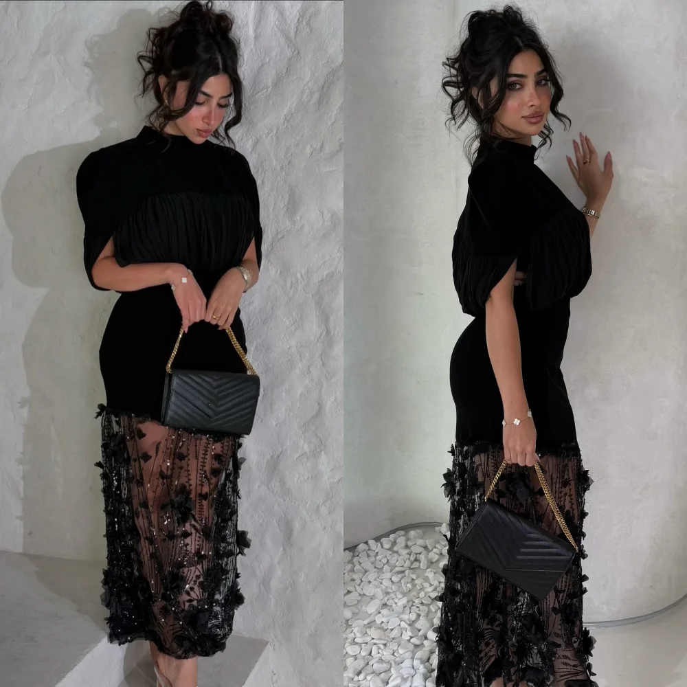 Customized Fashion Intricate Chiffon Draped Flower Rhinestone Beading Straight High Collar Long Dresses Bespoke Occasion Dresses